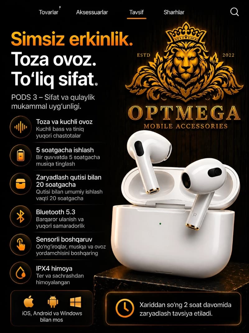 A.Pods 3 беспроводные наушники, сенсорное управление, совместимы с iOS/Android OPTMEGA