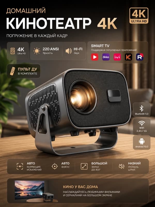 Проектор для фильмов A10Plus, проектор 4K на Android + Wi Fi, Bluetooth, HDMI