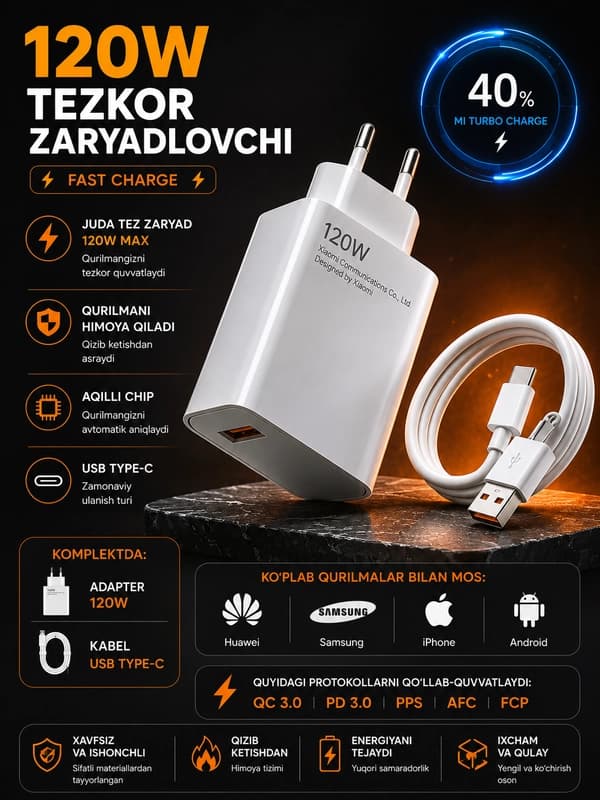 Очень быстрая зарядка 120W Турбо, мощный блок питания с кабелем Type-C