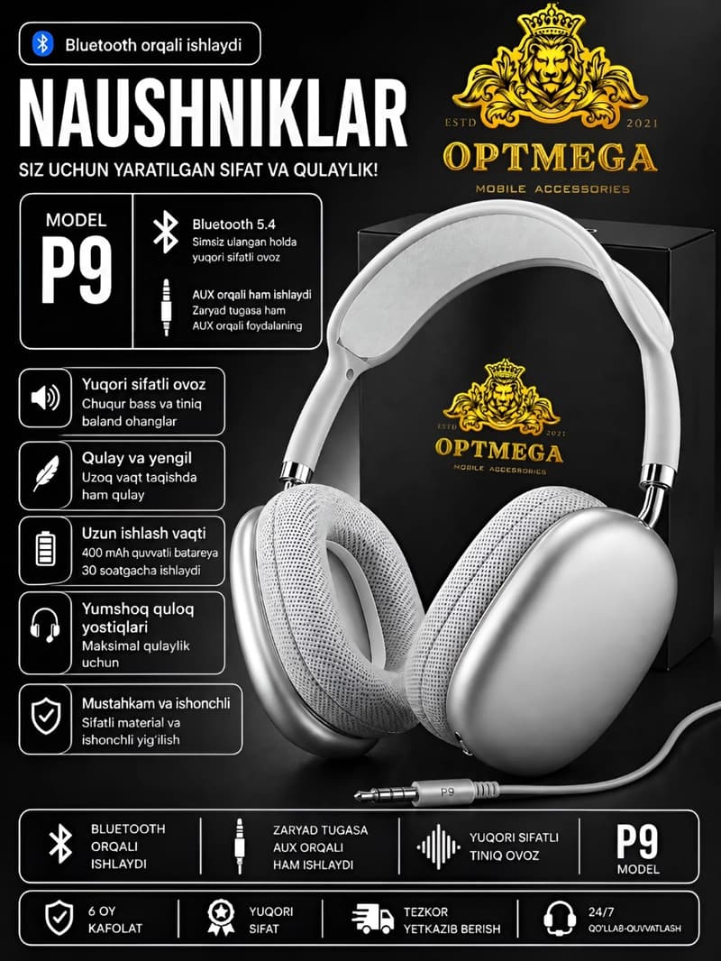Беспроводные наушники Bluetooth P9, с микрофоном, полноразмерные OPTMEGA